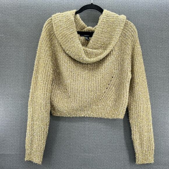 Forever 21‎ Gold Silver Cropped Oversized Cowl Neck Tinsel Knit Sweater Size M - Picture 1 of 8